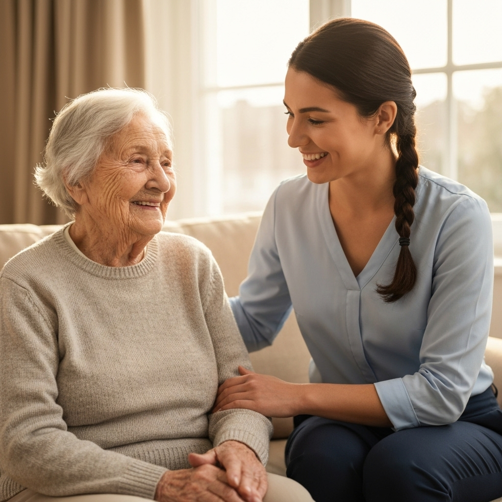 Elderly person with caregiver smiling together
